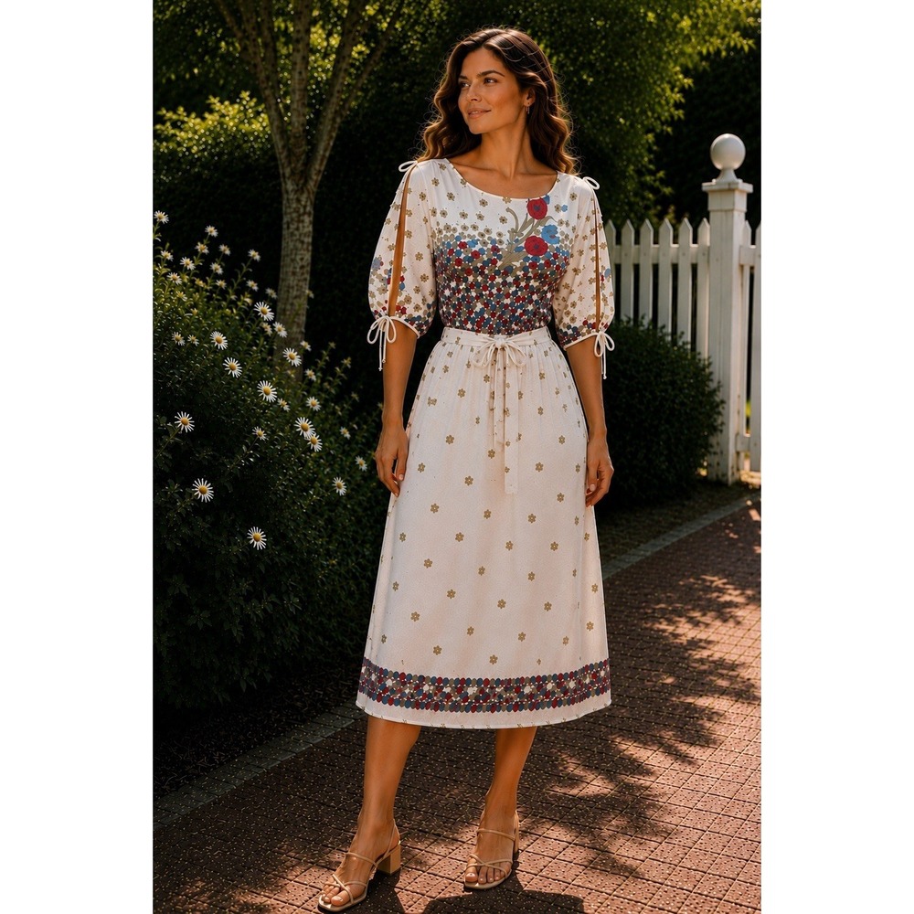 VTG 80's Sunshine Alley Floral Sz 6 Midi Dress Open Tie Sleeves Cottagecore WW23